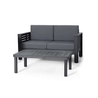 2-Piece Dark Grey Acacia Wood Outdoor Loveseat with Grey Cushions and Coffee...