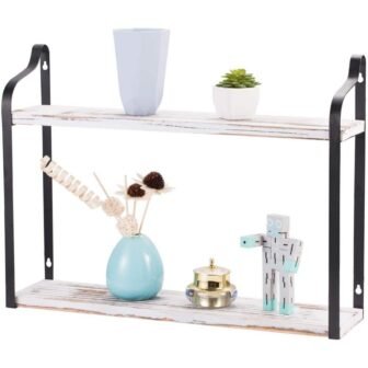 2-Story Floating Wall-Mounted Shelf, Antique Wood Storage Rack Object Display Rack