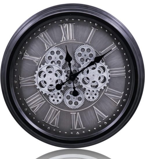 20 Inch Real Moving Gear Wall Clock, Vintage Industrial Steampunk Black