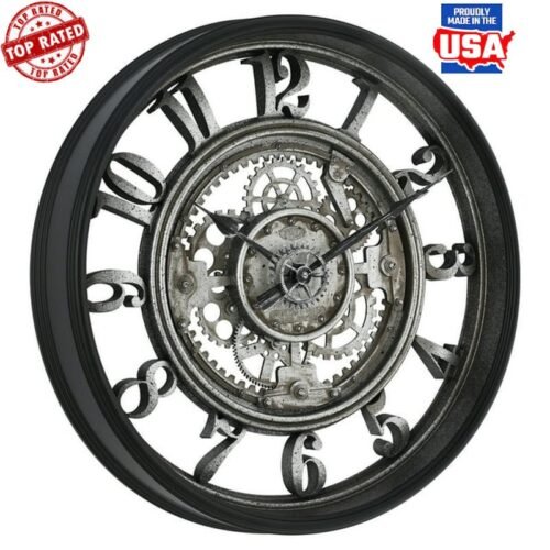 20 Inch Rustic Metal Gear Wall Clock Indoor Decor Aged Finish Quartz Movement US