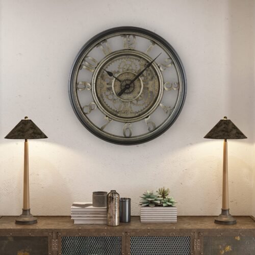 20" Indoor Rustic Metal Arabic Moving Gear Analog Wall Clock for Living Room