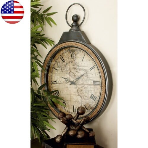 21 In Brown Metal Pocket Watch Style Wall Clock W/ Jute Rope Accent Versatile