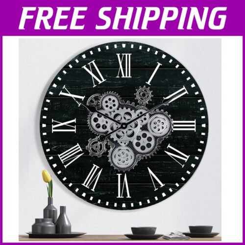 22.44 Inch Black Wooden Wall Clock with Roman Numerals and Unique Gear Movement