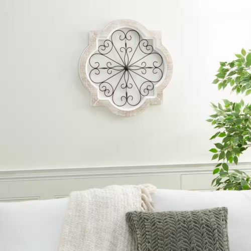 22 In. X 22 In. Wooden White Scroll Wall Decor with Metal Scroll Work