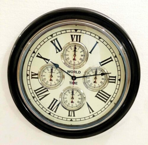 22" Vintage Antique Style Brass Wooden Nautical Home Décor Wall Clock World Time