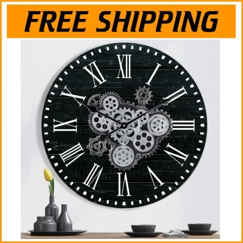 23-Inch Large Wooden Wall Clock with Moving Gears & Roman Numerals - Black