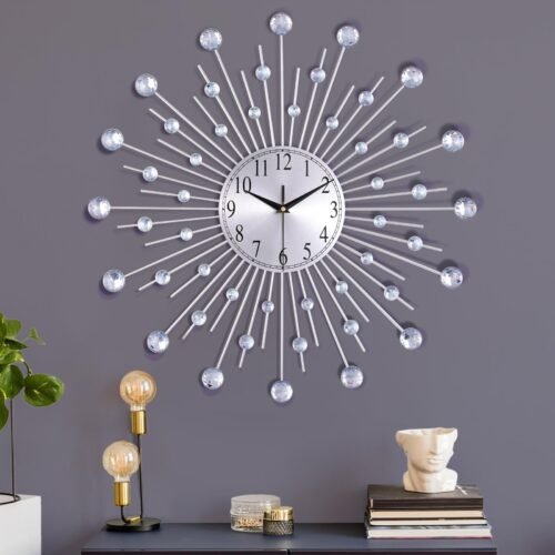 23 Inch Silent Metal Bling Crystal Sunburst Wall Clock Silver Battery Operate...