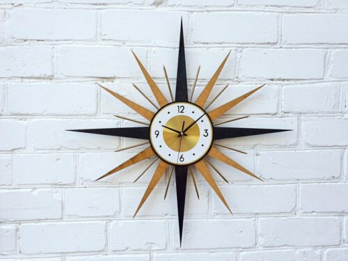 24"26"George Nelson Style Wall Clock Gold Stars Yellow and Black Sunburst 1970