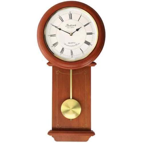 24.5 Inch Cherry Wood Silent Chiming Round Battery Pendulum Wall Clock Decor