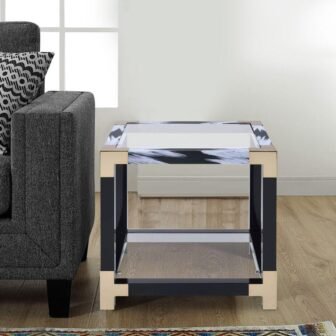 24 in. Black and Gold Square Glass End Table with Bottom Shelf