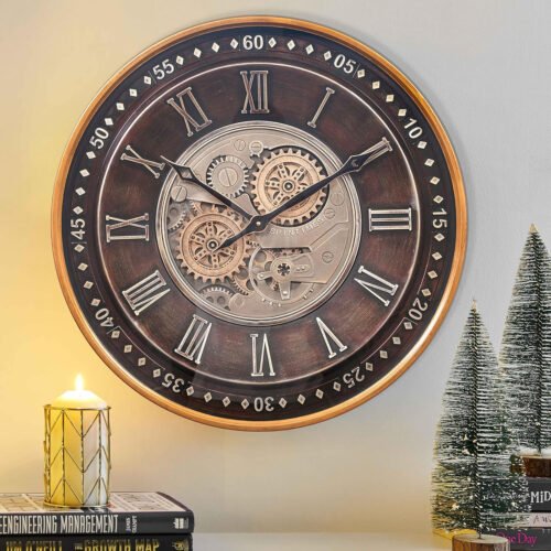 24 Inch Industrial Wall Clock Moving Gears Large Steampunk Roman Numeral Decor