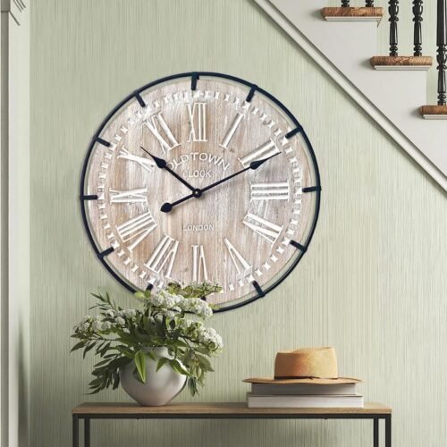 24 Inch Large Farmhouse Wall Clock, Rustic Antique Wood with Metal Circle and...