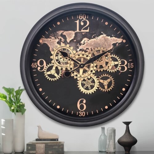 24 Inch Moving Gear Wall Clock with World Map,Large Black Gold Metal Wall Clo...