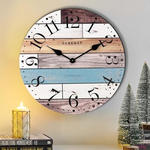 24 Inch Multicolor Woodgrain Shiplap Wall Clocks for Living Room Decor, 24