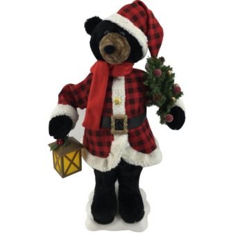 24 in. Christmas Black Bear Figurine with Lighted Lantern and Pine Tree