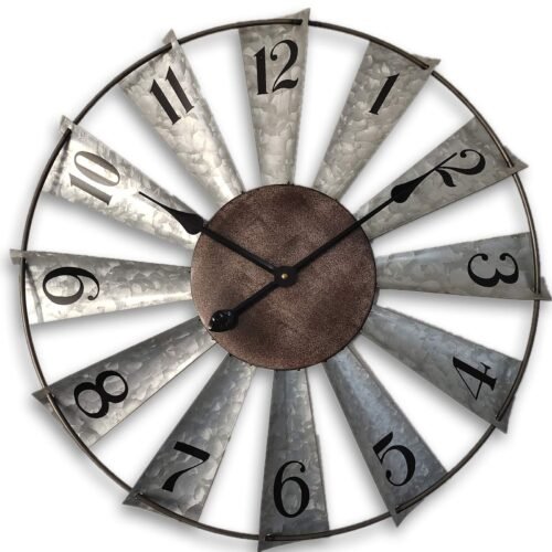 24inch Windmill Distressed Metal Wall Clocks Rustic Large Decorative Clock Ov...