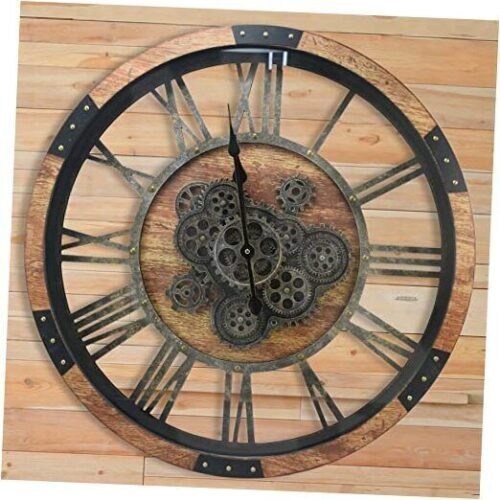 24" Large Wall Clock with Moving Gears,Oversize Vintage 24 inch Vintage Brown