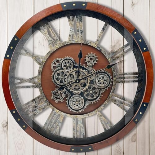 24" Moving Gears Wall Clock, Vintage Industrial Farmhouse Decor, Black Walnut