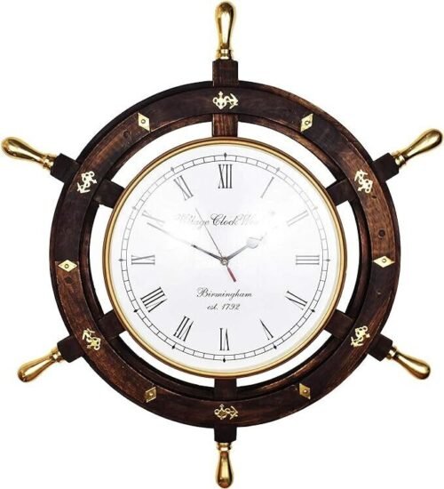 24" Nautical Handcrafted Premium Ship Wheel Clock with Directional Pirate's Whit