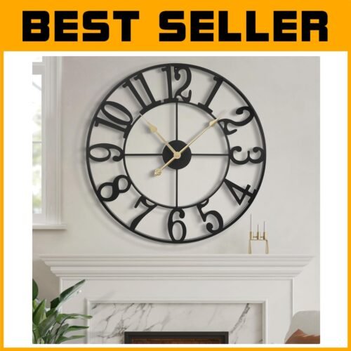 24" Retro Black Metal Wall Clock - Silent Non-Ticking Decorative Timepiece
