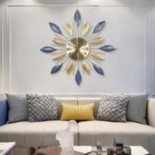 24" Silent Blue Gold Leaf Wall Clock - 3D Metal Design for Living Room, Bedroom