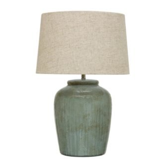 25.2 in. Aqua Blue Reactive Glaze Stoneware Table Lamp with Ivory Linen...