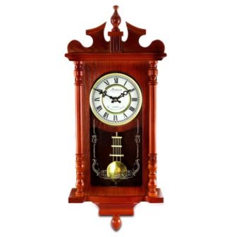 25 Inch Wall Clock with Pendulum and Chime in Dark Redwood Oak