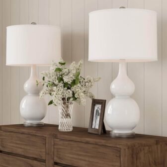 26.25 in. Double Gourd Ceramic Milky White LED Table Lamps with Ivory...