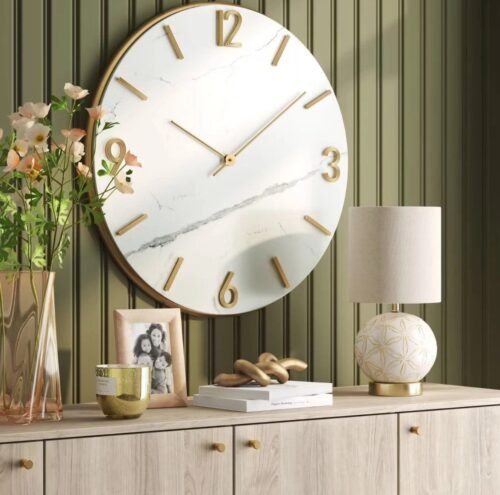 26" Faux Marble Finished in Polished Brass Wall Clock White - Threshold