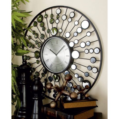 26" Metal Starburst Radial Wall Clock W/ Mirrored Accents Abstract Decor Black