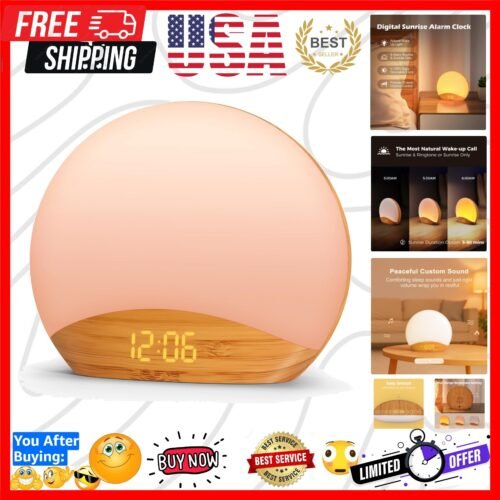 26 Sleep Sounds Sunrise Alarm Clock – Dimmable Wood Design for Bedroom Bliss