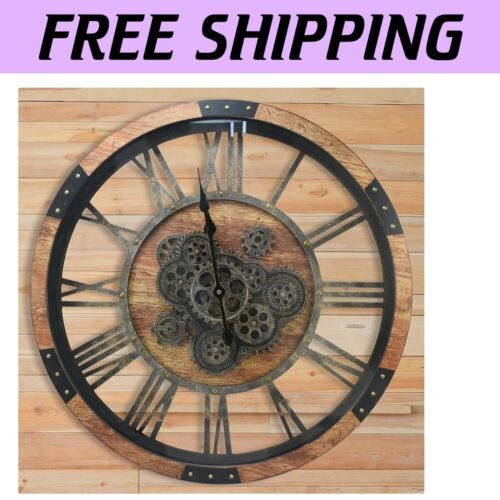 27-Inch Oversized Vintage Wall Clock with Real Moving Gears & Toughened Glass