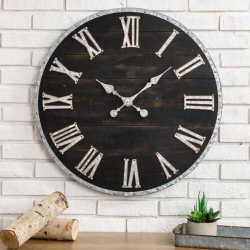 27.56 In. D Oversized Farmhouse Wooden And Galvanized Wall Clock