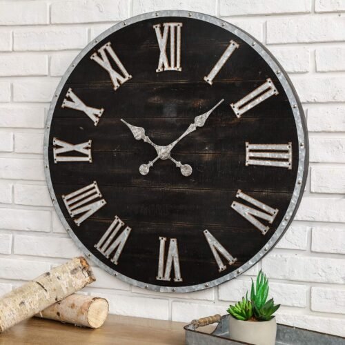 28 Inches Huge Wall Clock Chic Distressed Black Clock Antique Rustic Wooden C...
