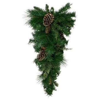 28 in. Unlit Artificial Mixed Pine with Pine Cones and Gold Glitter...
