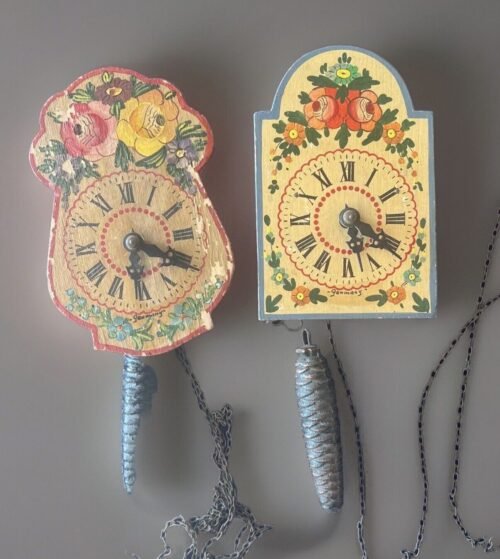 2 Antique Miniature Mini Hand Painted German Clock L. Schyle Sohn Cuckoo Style