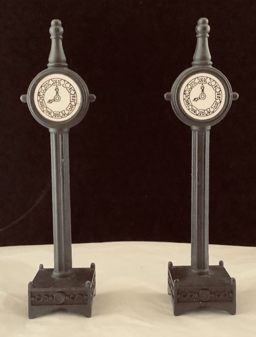 2 Outdoor Pedestal Clocks - Colonial Christmas Village Black Diecast Metal