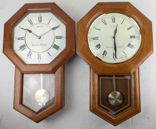 2 SEIKO SCHOOL HOUSE WALL CLOCKS - DUAL CHIMES QXH102B For Parts or Repair.