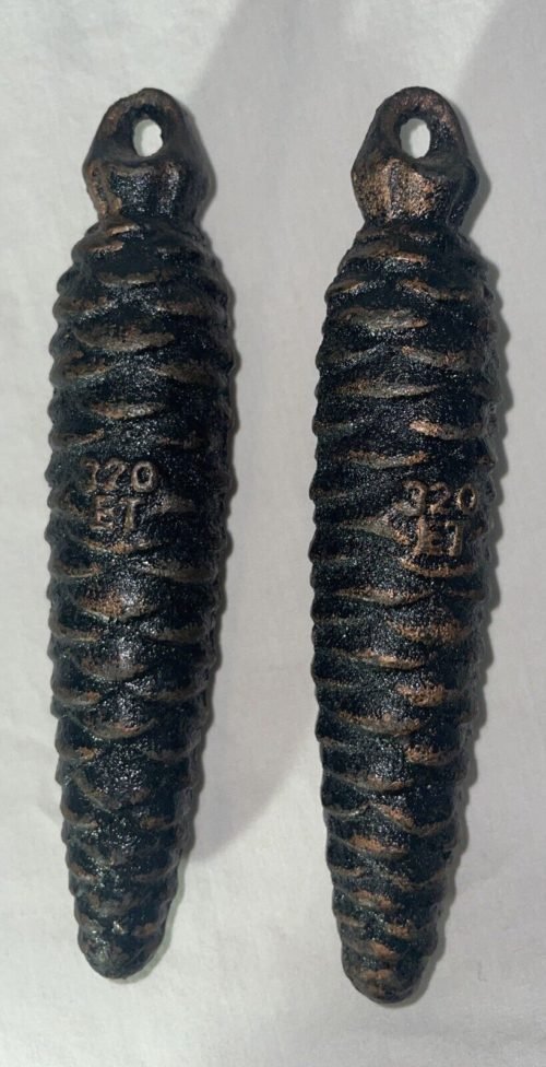 2 VINTAGE SCHWER CAST IRON PINECONE 320 ET GRAMS 3/4 POUND CUCKOO CLOCK WEIGHTS