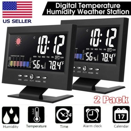 2x Desk Digital Alarm Clock Weather Thermometer LED Temperature Humidity Monitor