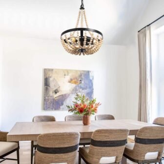 3-Light Wooden Bead Black Wagon Wheel Chandelier for Living Room Bedroom