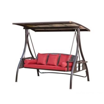 3-Person Metal Outdoor Patio Porch Swing with Red Thicken Cushion, Pillows and...