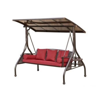 3-Person Metal Patio Porch Swing with Red Thicken Cushion, Pillows and Cup...