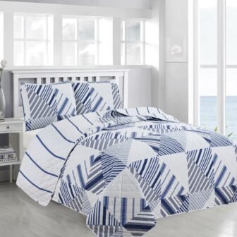 3-Piece Blue Reversible Striped Patchwork Full/Queen Microfiber Quilt Set Bedspread