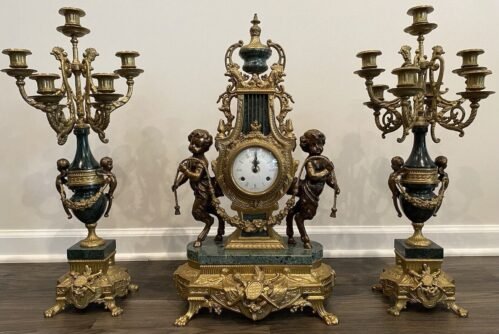 3 Piece Italian Brevettato Brass & Marble Clock & Candelabra Garniture Set