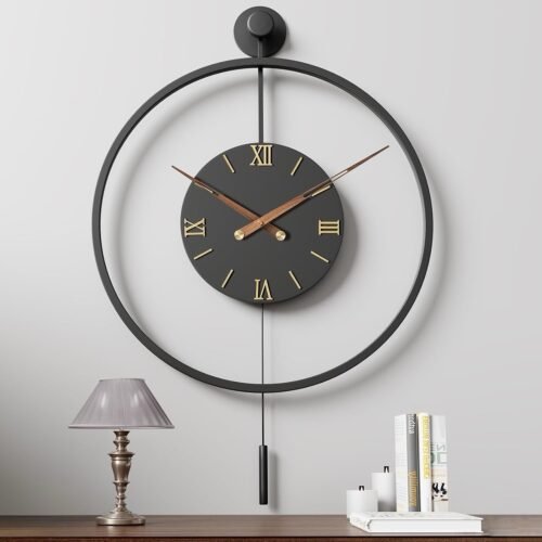 30.7×20 Inch Modern Wall Clock, Silent Pendulum, 3D Roman Numerals, Black/Walnut