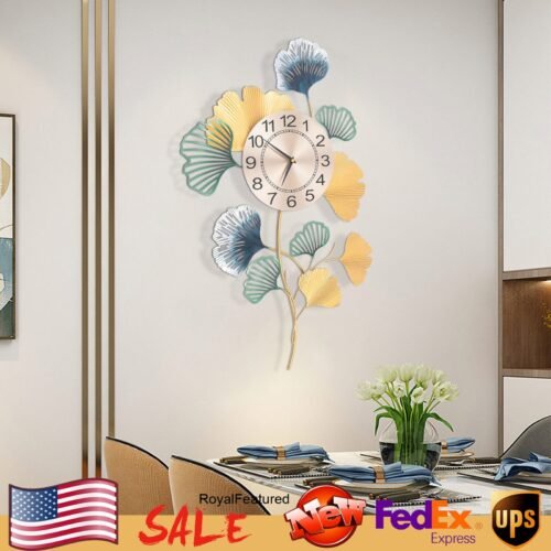 30inch Large Wall Clock Ginkgo Leaf Metal Art Wall Clock Living Room Home Decor
