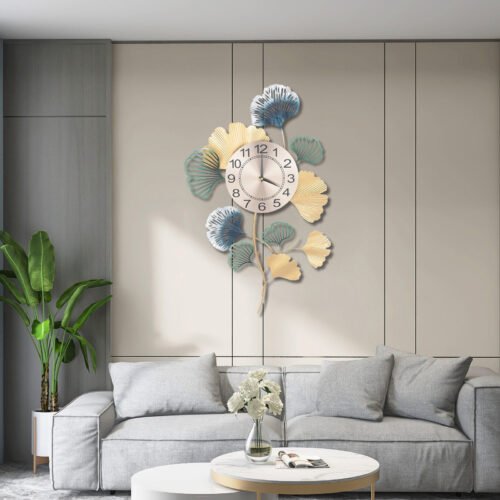 30inch Large Wall Clock Ginkgo Leaf Metal Art Wall Clock Living Room Home Decor