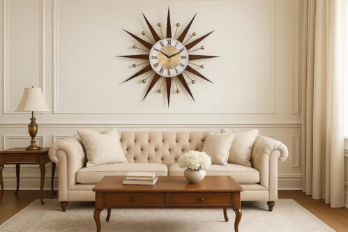 "30" Mid Century Modern Starburst Wall Clock Roman Numerals Retro Brass Decor