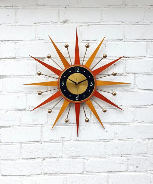 30"Wall Clock Starburstin Style George Nelson 1970s Handmade Wood Metal Sunburst